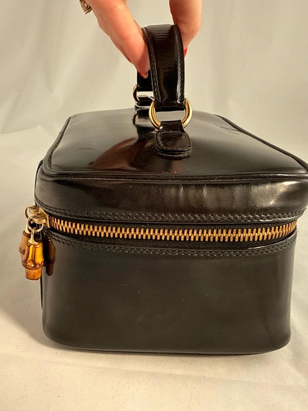 Gucci Vintage Black Patent Leather Bamboo Cosmetic Case